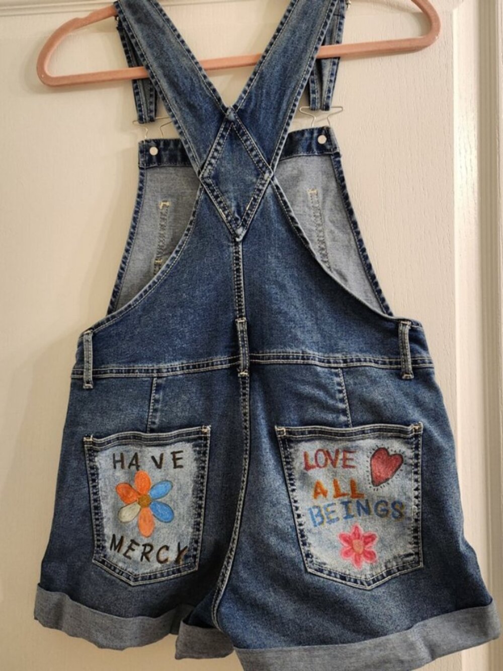 OOAK Hand Painted Vegan Denim Shortalls Upcycled Overalls XS/S - Picture 3 of 8